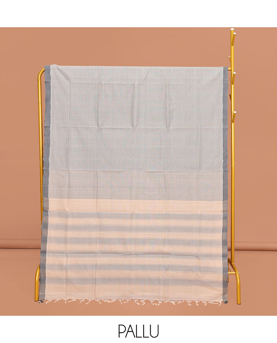 Grey Heathered Textured Mangalgiri Cotton Saree, Complemented by Contrast Border, Striped Pallu, and Paired with a Contrast Blouse