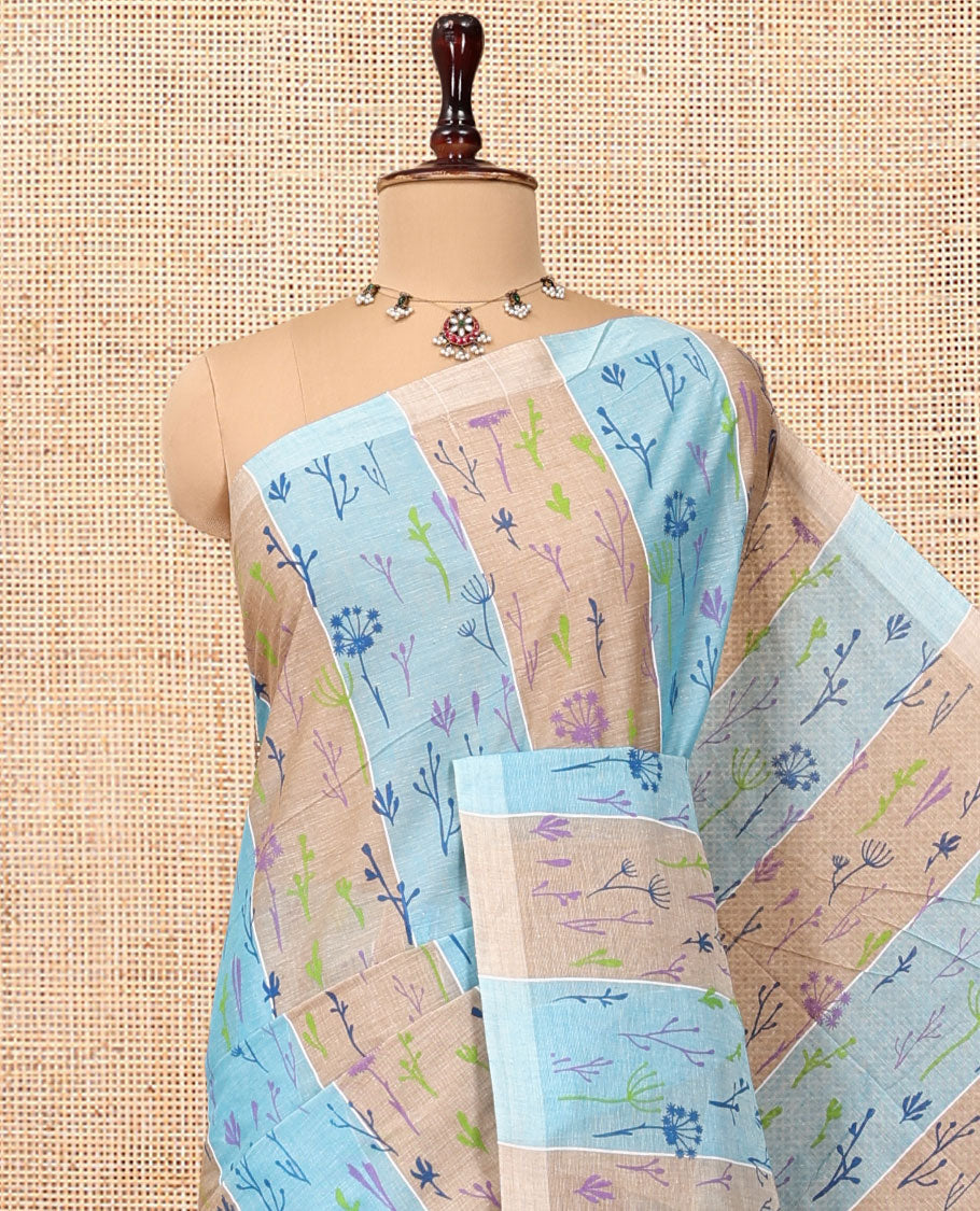 Borderless Blue-Brown Jute Cotton Saree, Steeped with Tropical Floral Print, a Subtly Striped Pallu, and a Contrast Blouse
