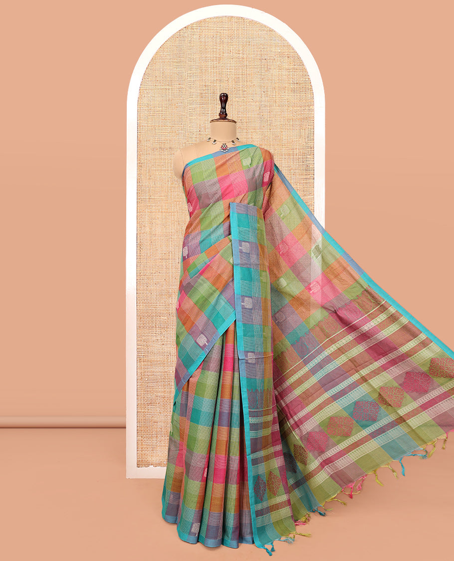 Borderless Multi-Color Cotton Saree, Meticulously Crafted with Buttas and Checks, Intricately Designed Pallu, and a Matching Blouse