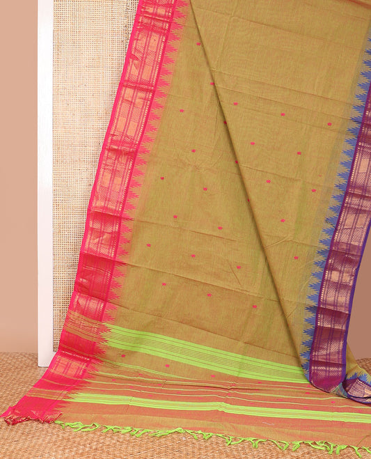 Green striped Chettinad cotton saree, contrast ganga jamuna traditional zari temple border, and pallu of stripes