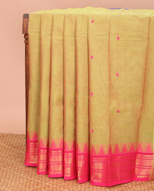 Green striped Chettinad cotton saree, contrast ganga jamuna traditional zari temple border, and pallu of stripes