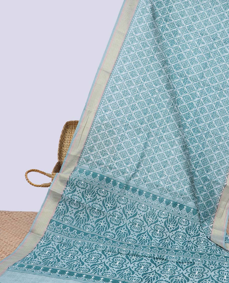 Green argyle printed budget cotton saree, plain border & intricate pallu