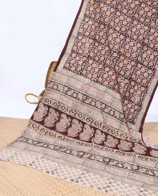 Maroon floral machine printed kalamkari cotton saree, self-border & intricately printed pallu
