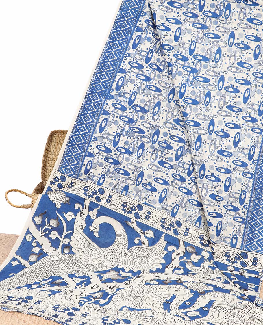 Green geometric machine-printed kalamkari cotton saree, diamond border & God Krishna Radha motifs pallu