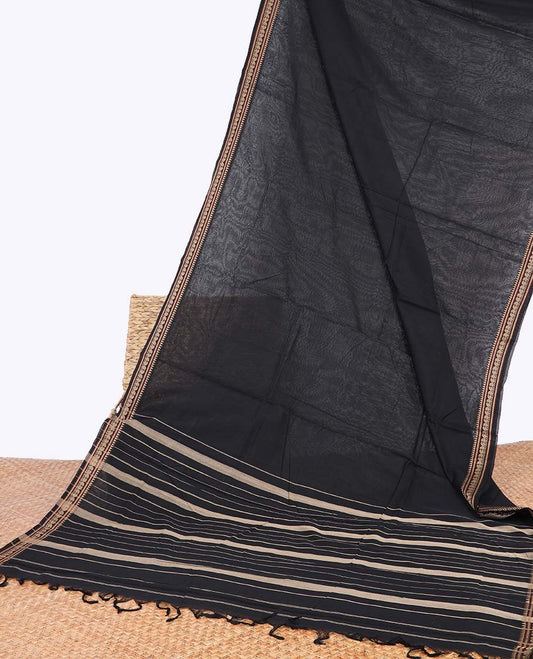 Black narayanapet cotton saree with self zari design border & striped pallu