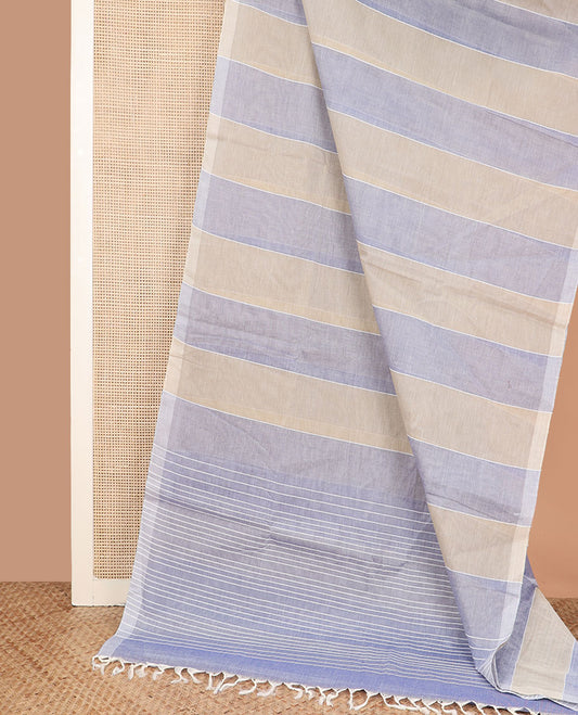 Borderless sandal and purple striped jute cotton saree, striped pallu