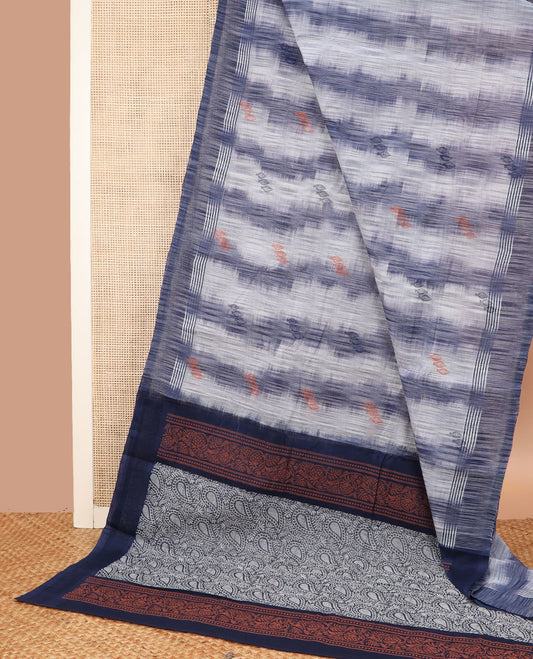 White chevron with buttas Kanchi cotton saree, contrast border, and pallu steeped with paisleys