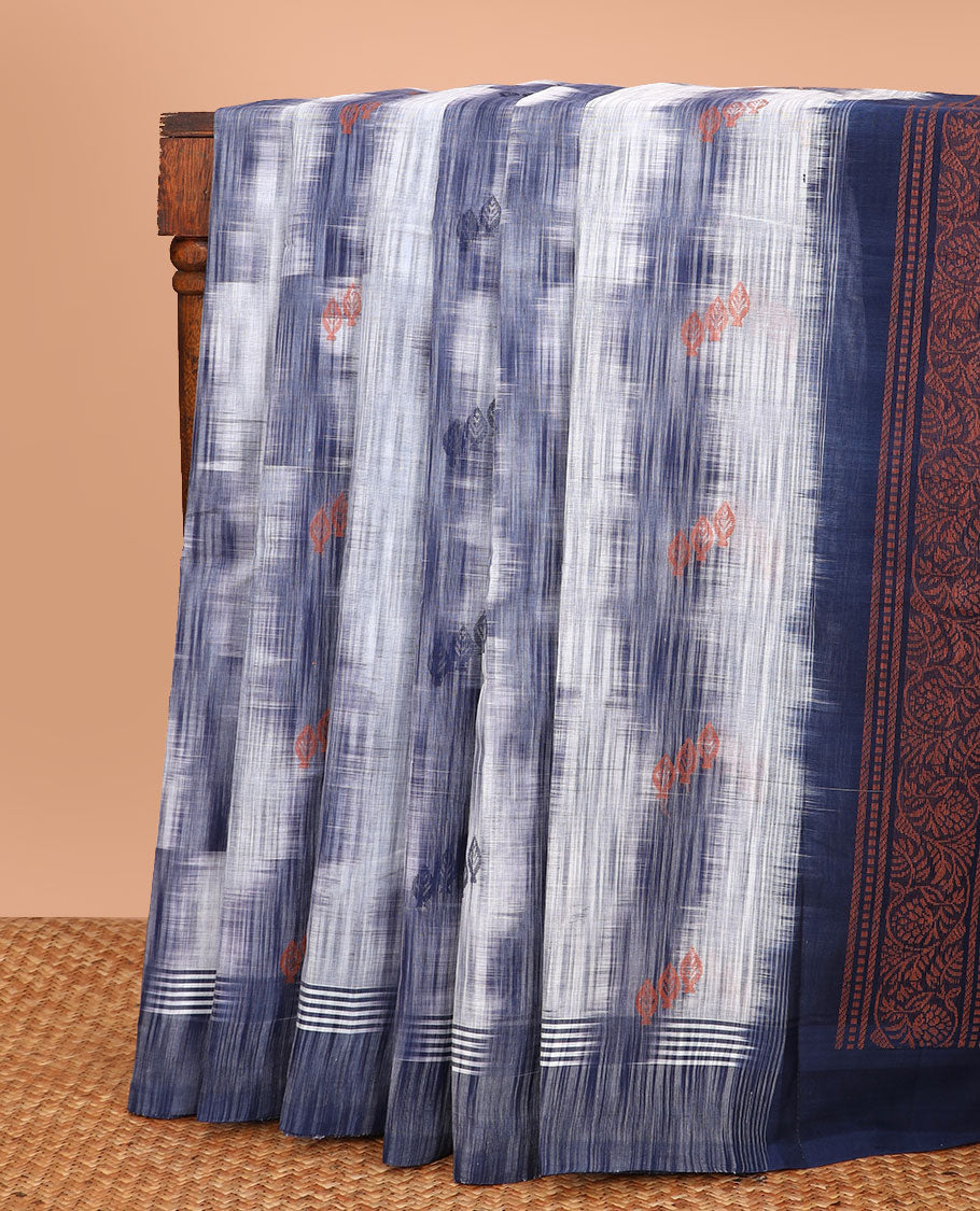 White chevron with buttas Kanchi cotton saree, contrast border, and pallu steeped with paisleys