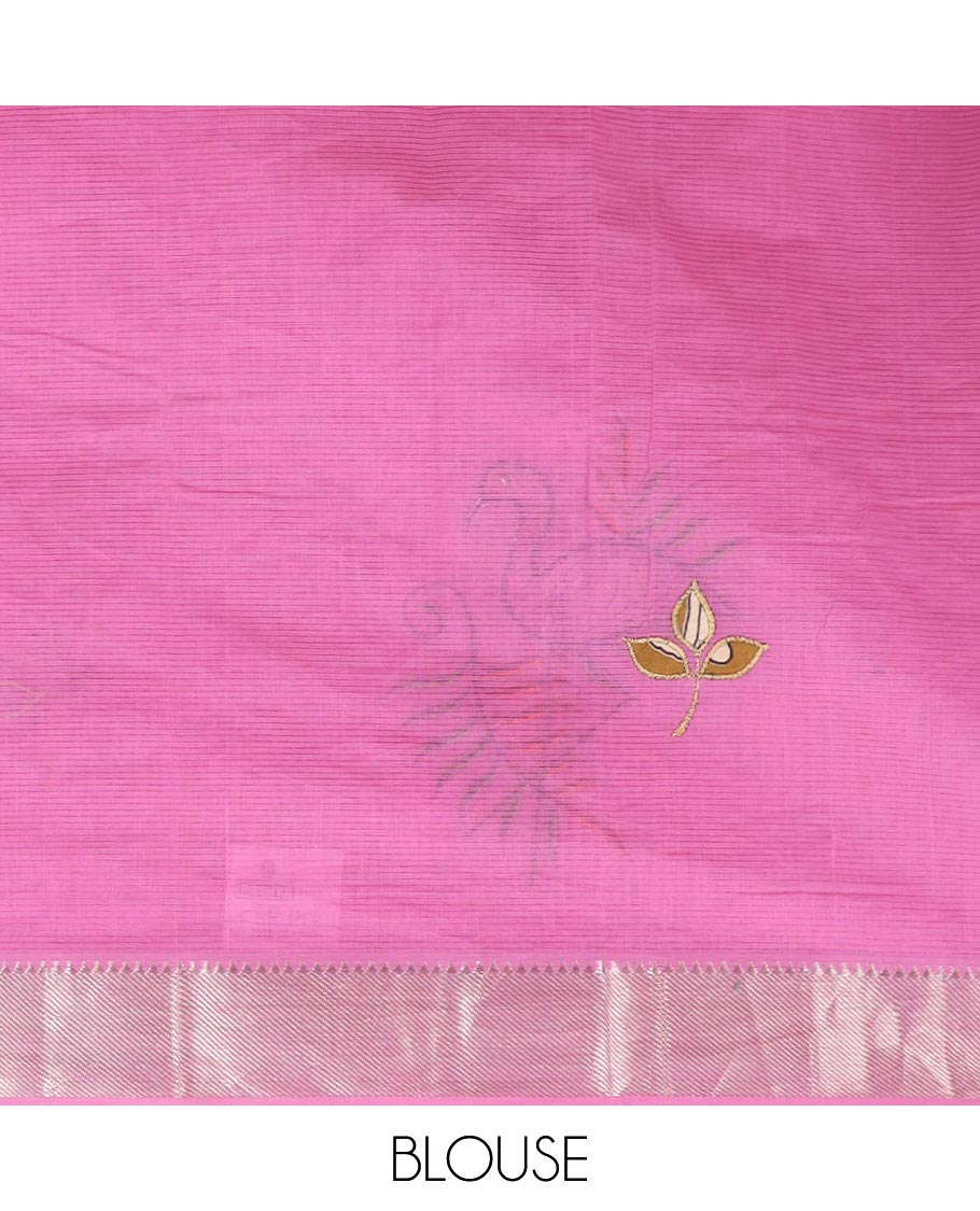 Pink flamingo motifs path and thread embroidered Chirala cotton saree, traditional zari border, and embroidered pallu