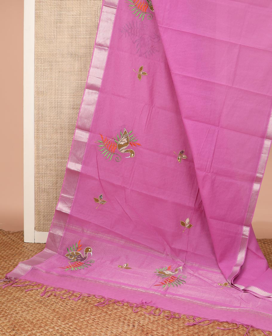 Pink flamingo motifs path and thread embroidered Chirala cotton saree, traditional zari border, and embroidered pallu