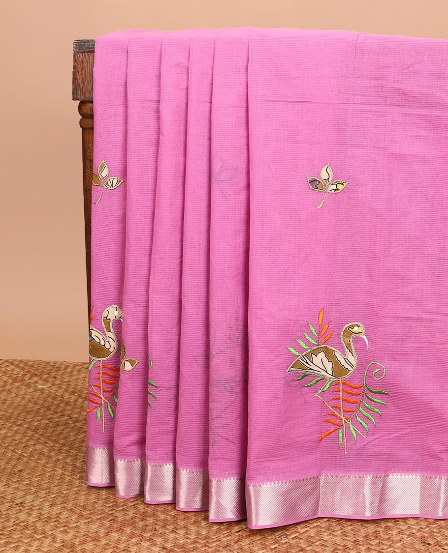 Pink flamingo motifs path and thread embroidered Chirala cotton saree, traditional zari border, and embroidered pallu