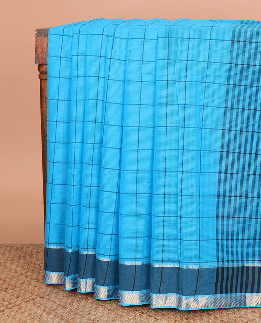 Blue Checked Mangalagiri Cotton Saree Complemented by a Contrast Border of Temple Zari Designs, and Self-Pallu Steeped with Stripes