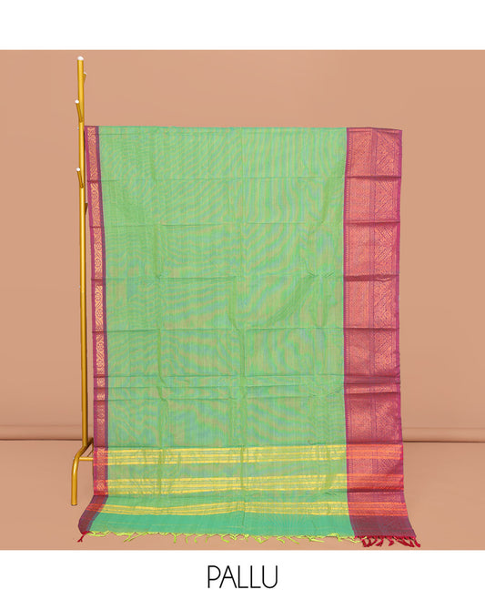 Green Chettinad Cotton Saree, Complemented by a Contrast Traditional Zari Border, Pallu of Stripes, and Paired with a Matching Blouse