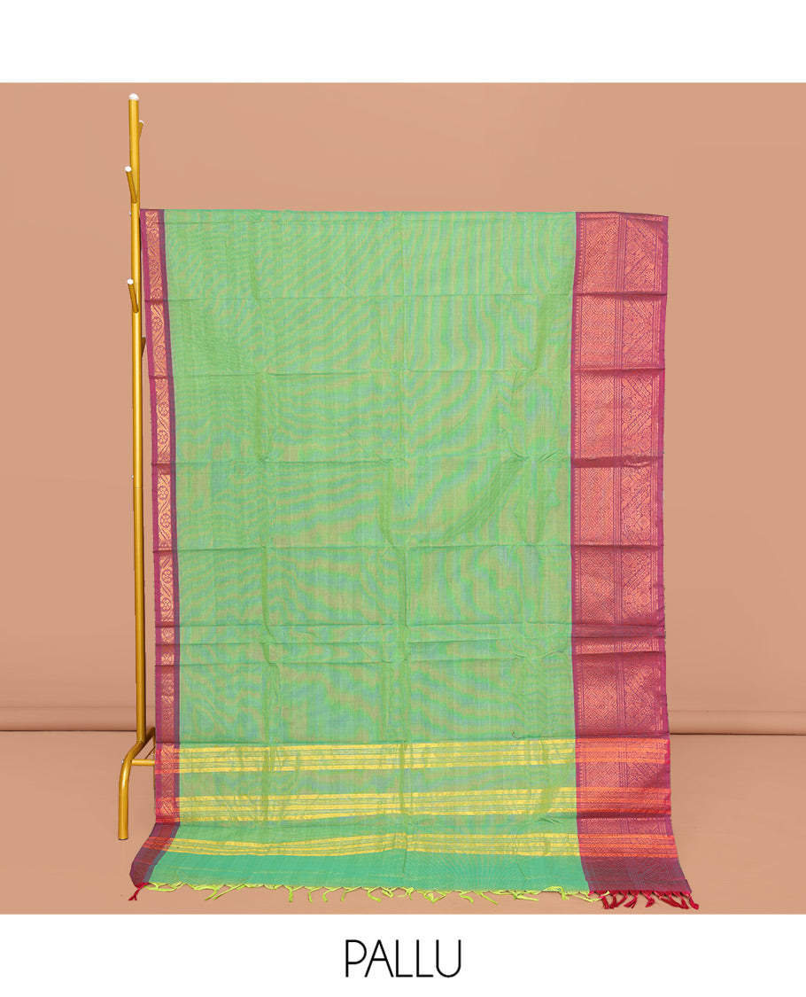 Green Chettinad Cotton Saree, Complemented by a Contrast Traditional Zari Border, Pallu of Stripes, and Paired with a Matching Blouse