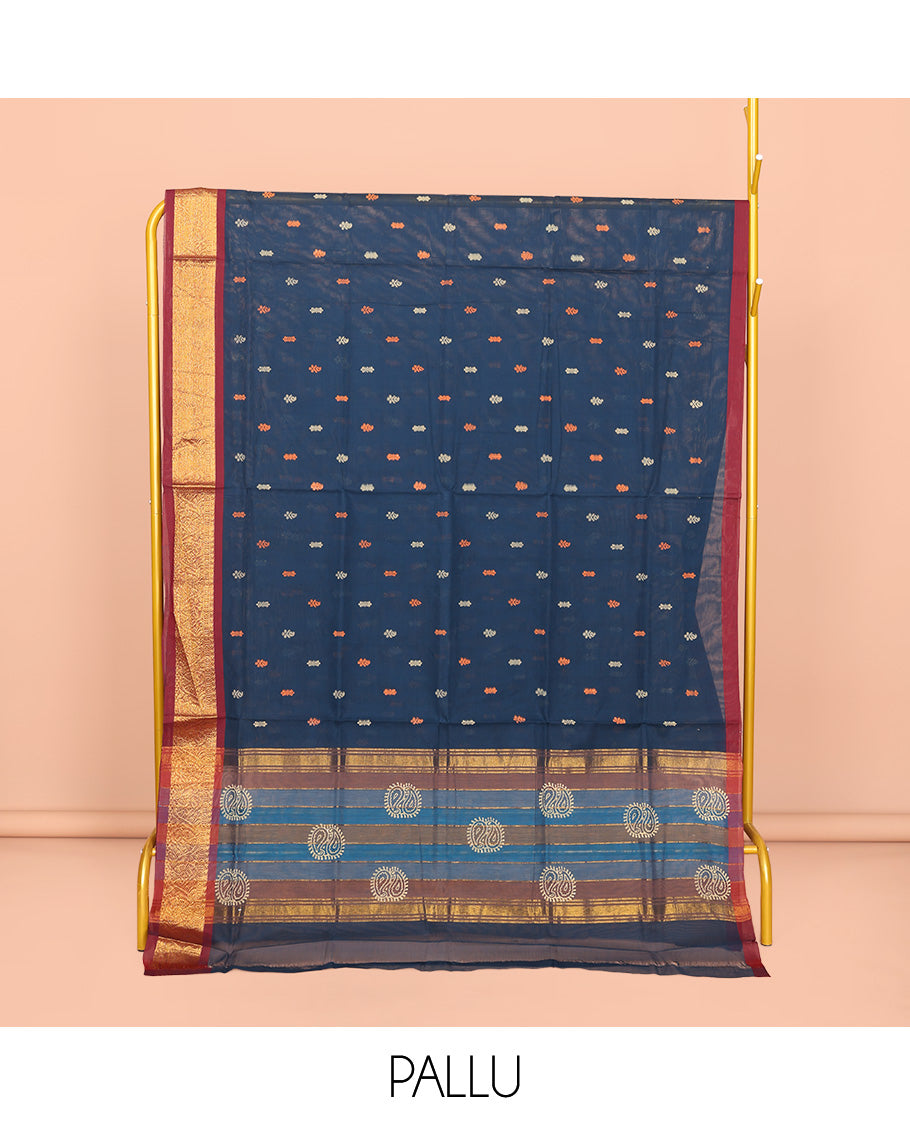 Blue Venkatagiri Cotton Saree, Woven with Thread Buttas, a Contrast Traditional Zari Border, Pallu of Buttas and Stripes, and No Blouse
