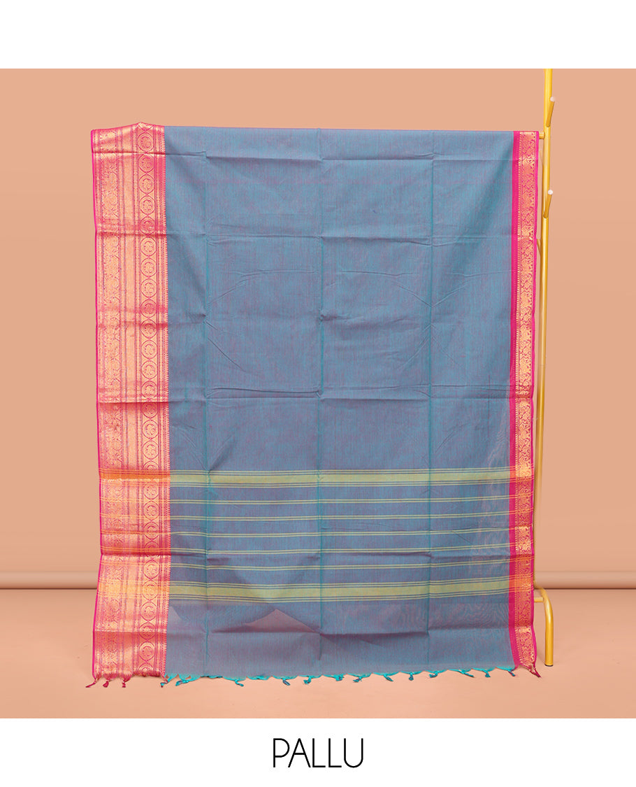 Peacock Blue Plain Chettinad Cotton Saree, Complemented by a Contrast Traditional Zari Design Border, Pallu of Stripes, and Paired with a Matching Blouse