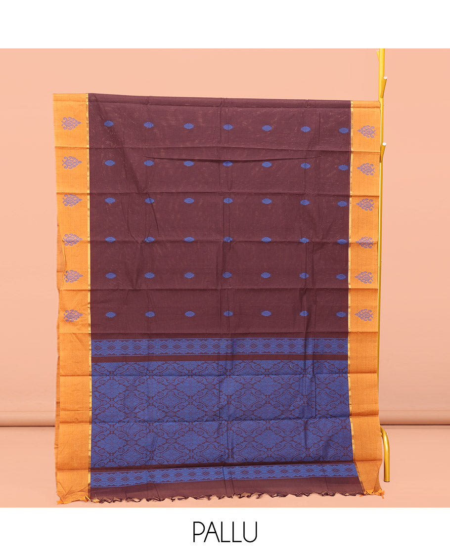 Brown Kanchi Cotton Saree, Woven with Buttas All Over Its Body, a Complemented by Contrast Border, Pallu of Intricate Designs, and Paired with a Matching Blouse