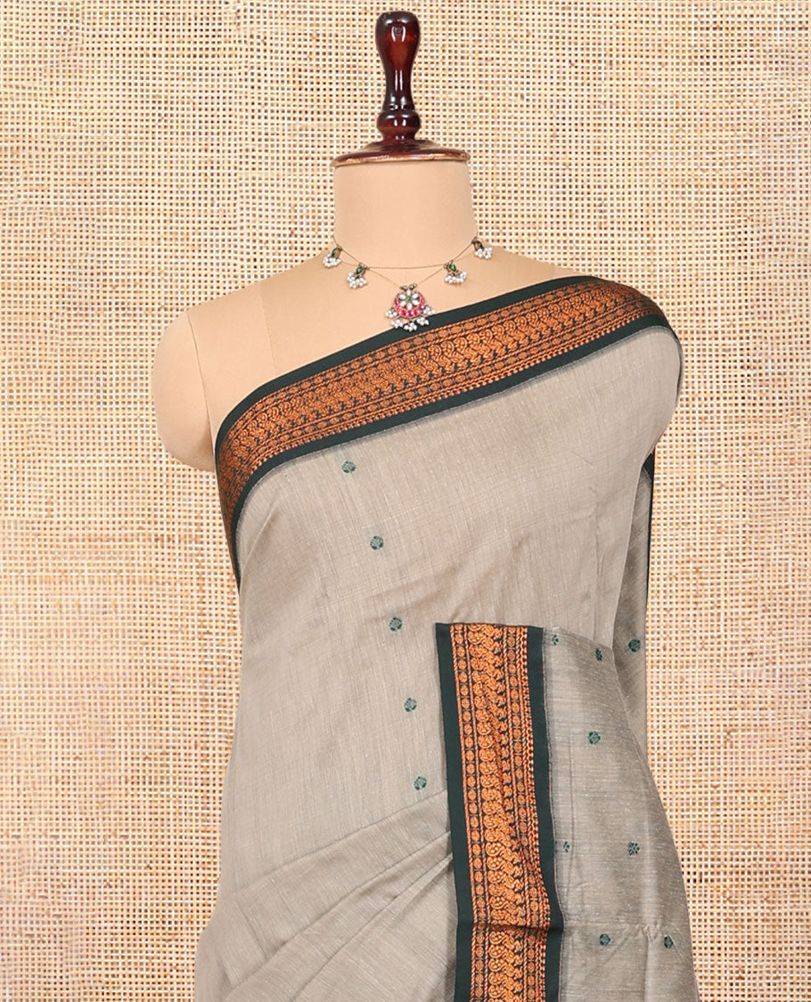 Grey Kalyani Cotton Saree, Subtly Woven with Thread Buttas, Complemented by a Contrast Traditional Border, Traditional Pallu, and a Contrast Blouse