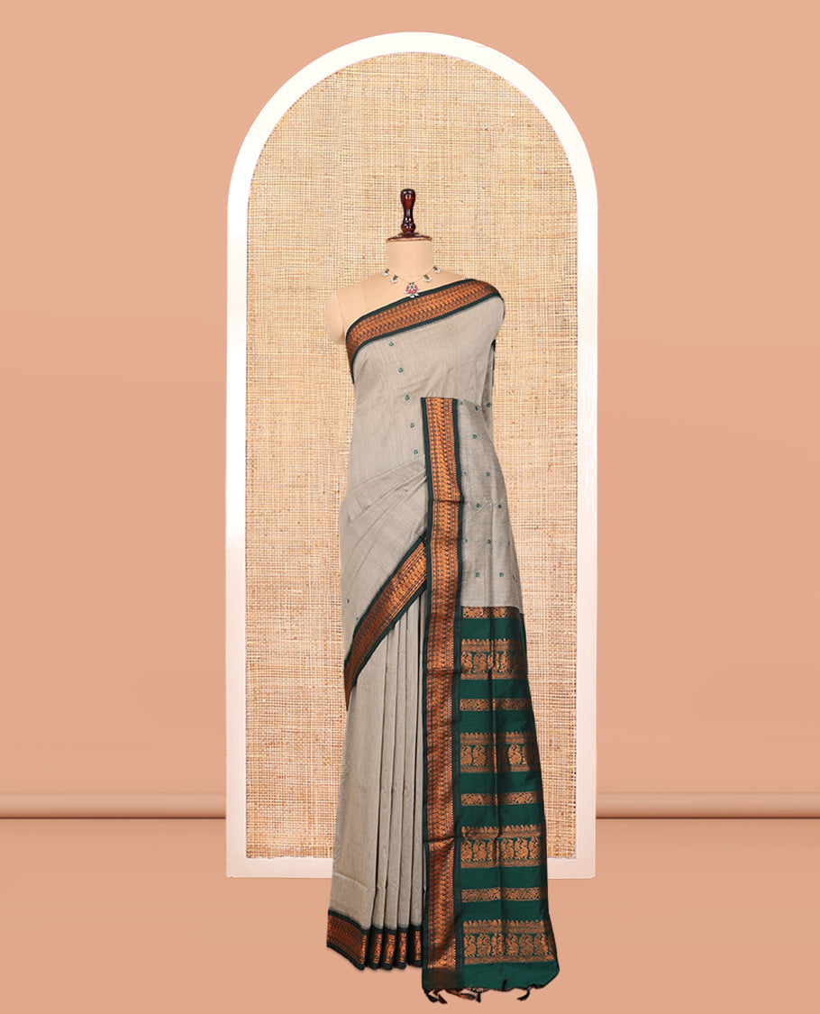 Grey Kalyani Cotton Saree, Subtly Woven with Thread Buttas, Complemented by a Contrast Traditional Border, Traditional Pallu, and a Contrast Blouse