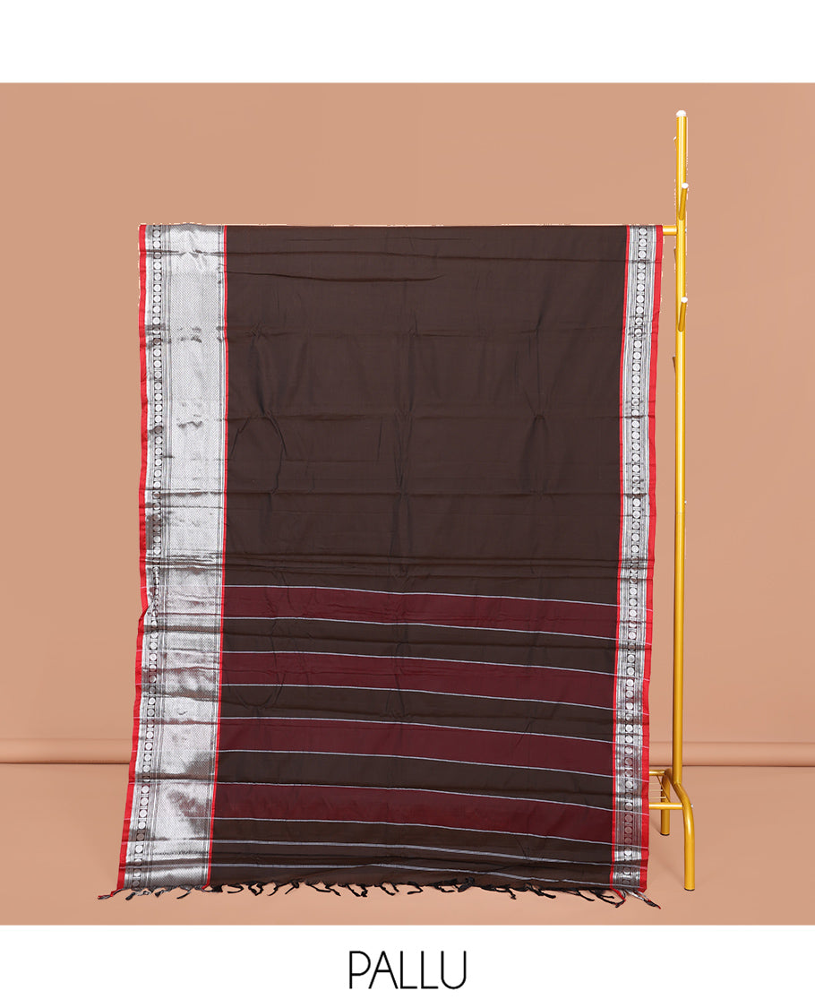 Brown Plain Narayanpet Cotton Saree, Complemented by a Contrast Traditional Zari Design Border, Striped Pallu, and Comes Without a Blouse