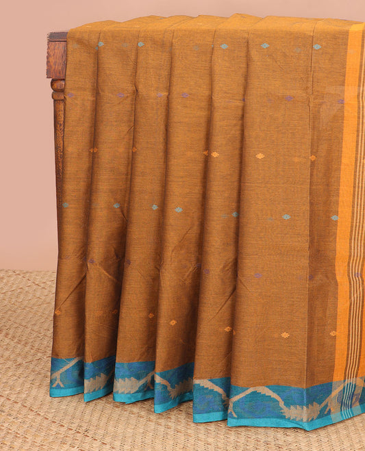 Brown floral motifs bengal cotton saree with contrast floral design border & striped, floral design pallu