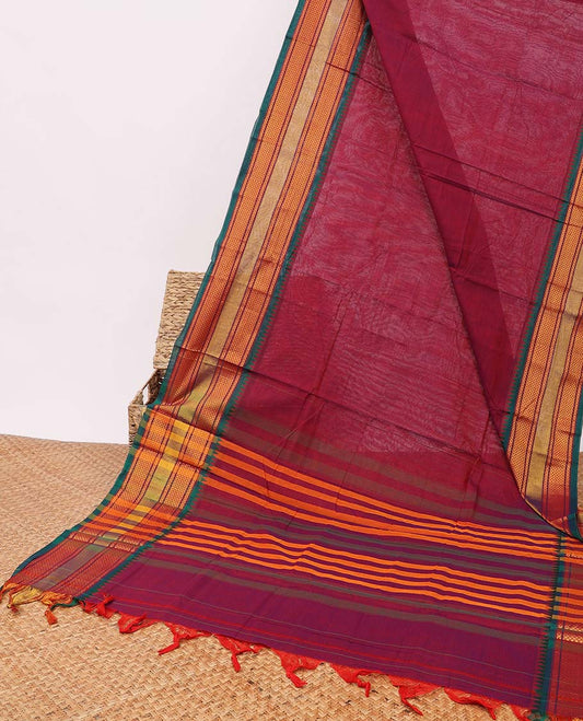 Red narayanapet cotton saree with contrast striped border & striped pallu