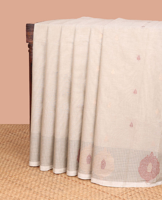 Beige floral motifs coimbatore cotton saree with self checked, floral design border & floral design pallu