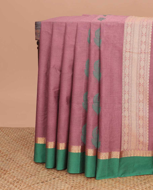 Maroon leaf design kanchi cotton saree with contrast intricate zari design border & floral design pallu