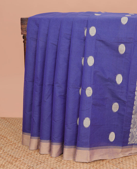 Purple round motifs kanchi cotton saree with contrast border & checked floral design pallu