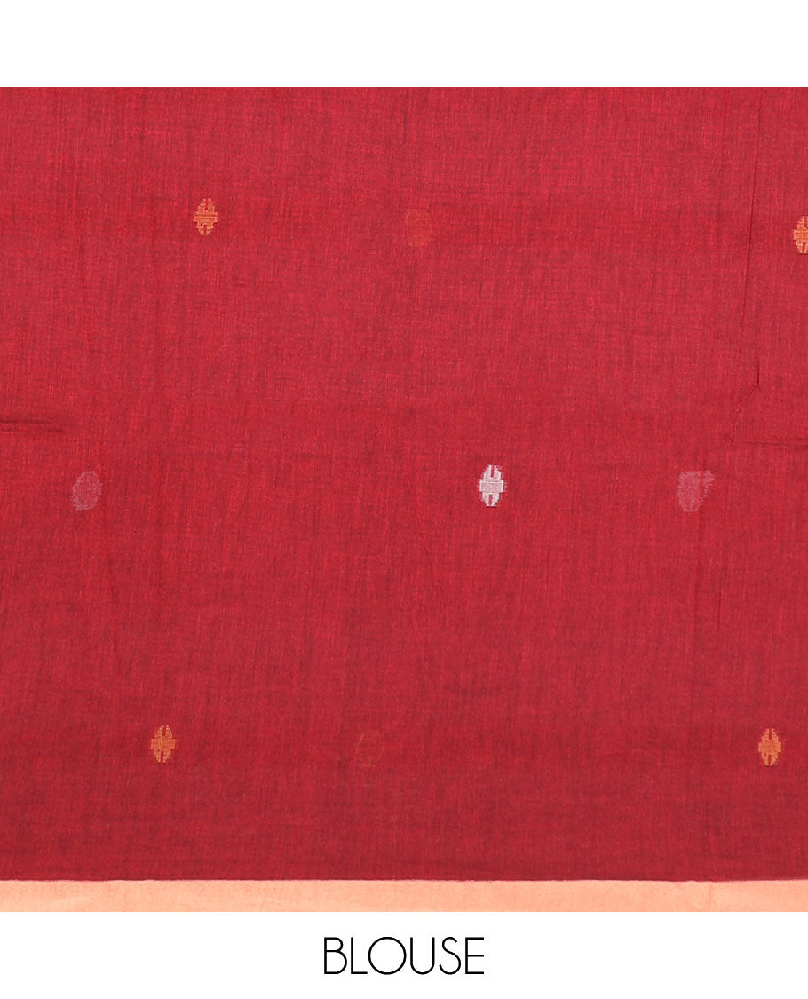 Carmine red Meena thread buttas Kadhi cotton saree, contrast piping border & pallu of 4-petal floral motifs & stripes