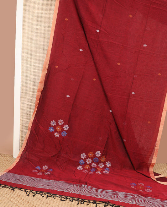 Carmine red Meena thread buttas Kadhi cotton saree, contrast piping border & pallu of 4-petal floral motifs & stripes