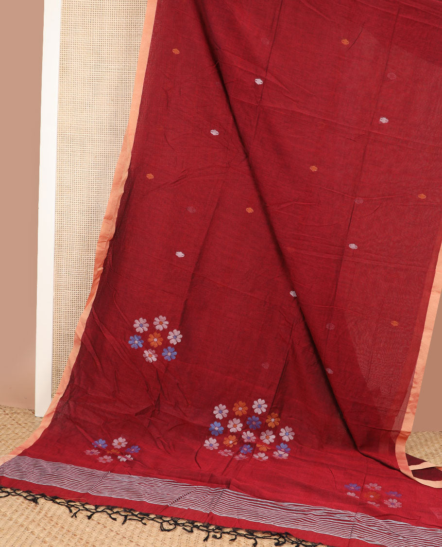Carmine red Meena thread buttas Kadhi cotton saree, contrast piping border & pallu of 4-petal floral motifs & stripes