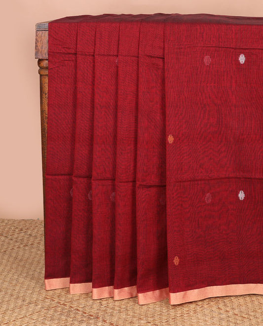 Carmine red Meena thread buttas Kadhi cotton saree, contrast piping border & pallu of 4-petal floral motifs & stripes