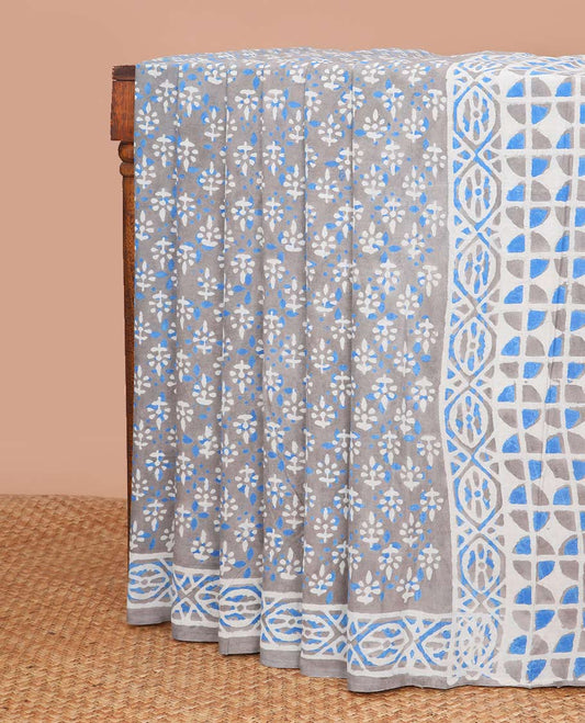 Blue with blue floral block design mul mul cotton saree with contrast intricate design & floral motifs, geometric design pallu