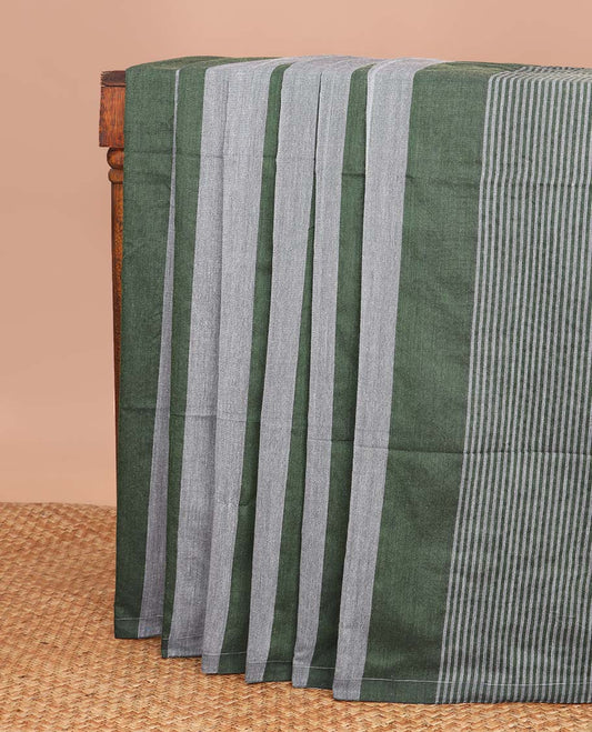 Borderless Grey with dark green striped khadi cotton saree
