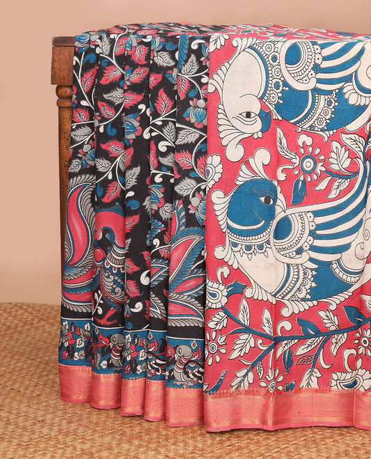 Black floral design machine printed kalamkari cotton saree with contrast zari design border & floral, peacock design pallu