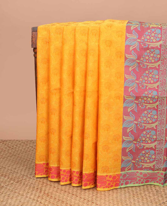 Orange floral jaal design coimbatore cotton saree with contrast floral design border & floral design pallu