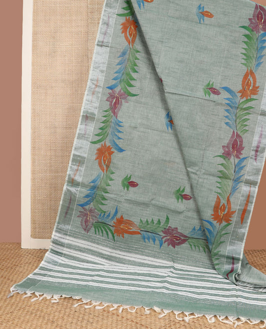 Green hand-brushing-style floral printed jute cotton saree, zari & printed border & striped pallu