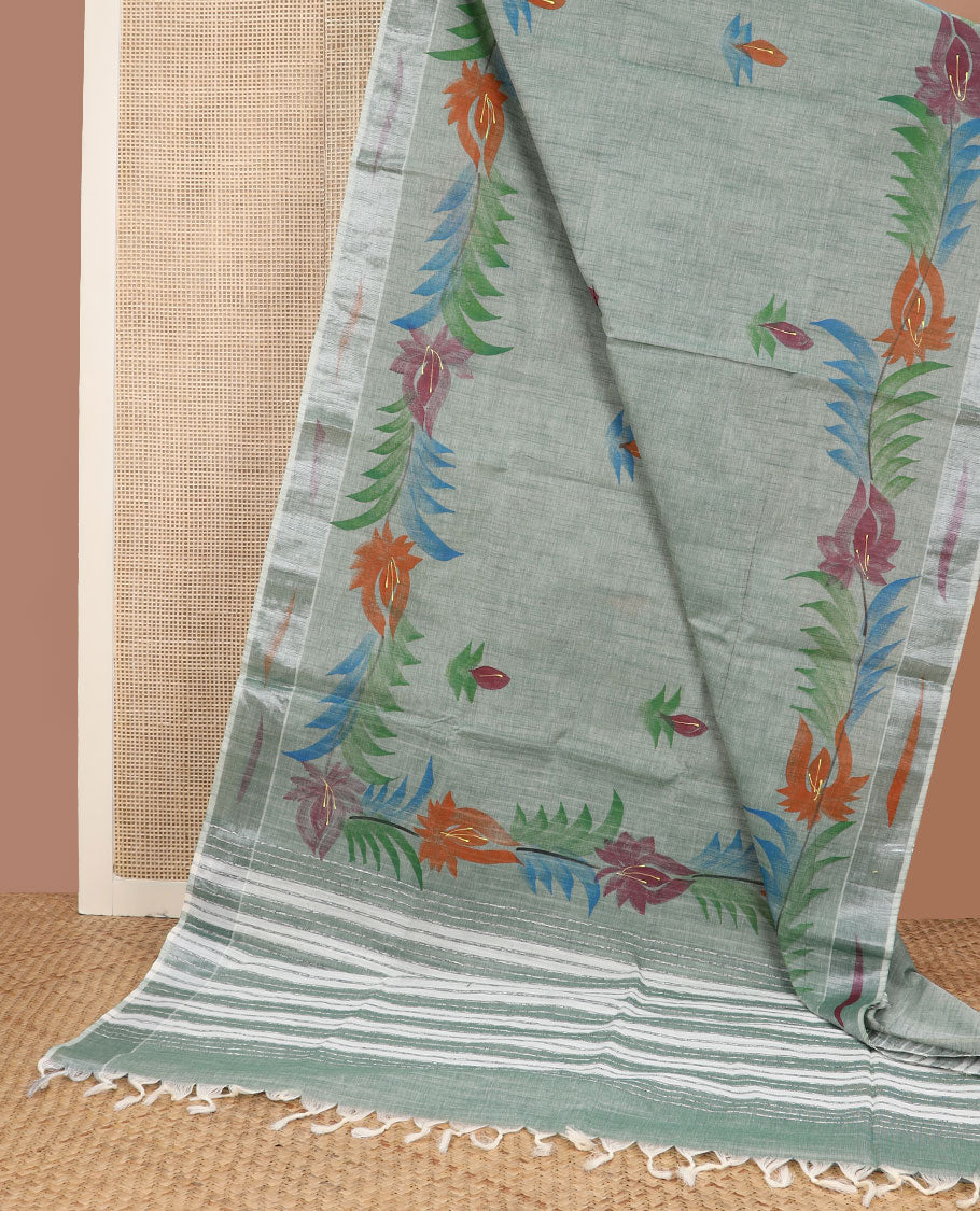 Green hand-brushing-style floral printed jute cotton saree, zari & printed border & striped pallu