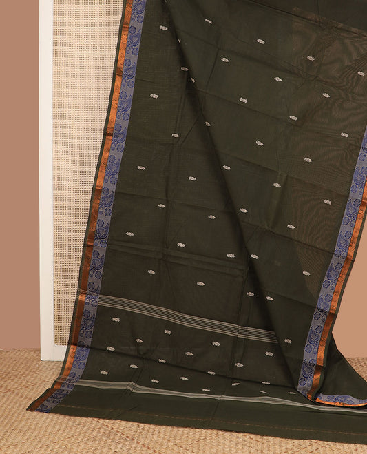 Green buttas Chettinad cotton saree, contrast border of leaf, chakra & peacock & pallu of stripes & buttas