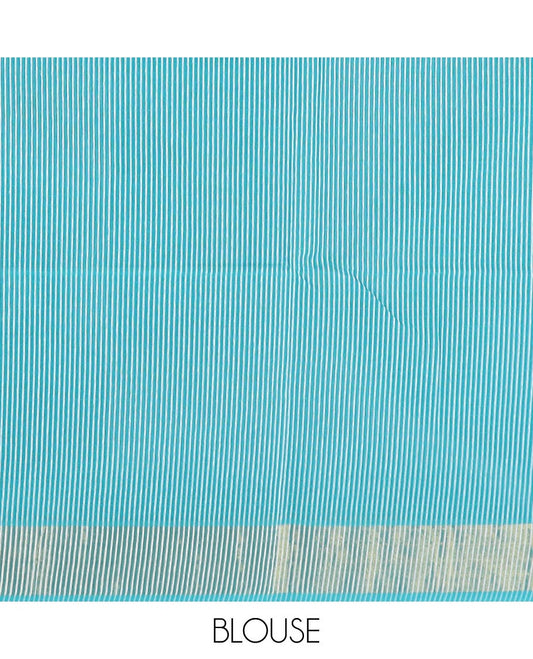 Asure blue striped jute cotton saree, zari border, and striped pallu