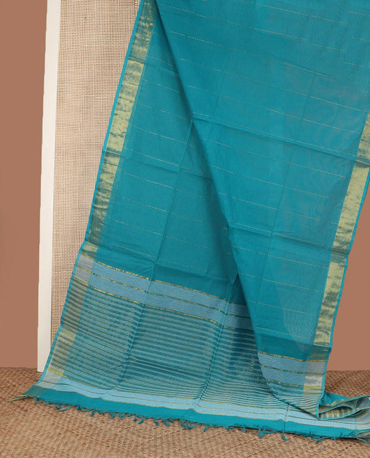Asure blue striped jute cotton saree, zari border, and striped pallu
