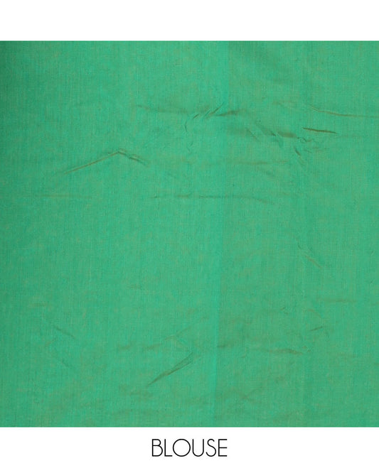 Borderless green zari floral buttas steeped semi-silk cotton saree
