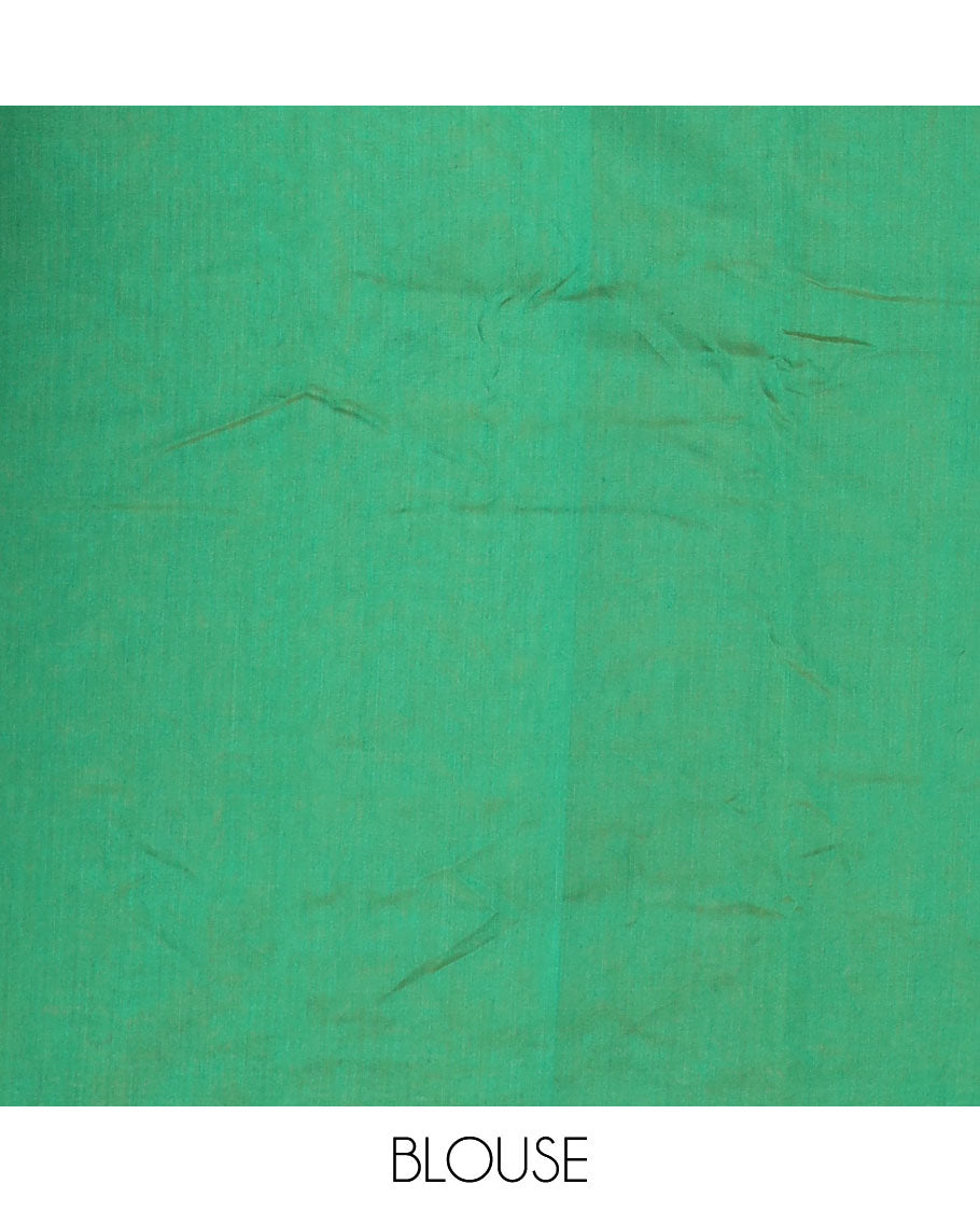 Borderless green zari floral buttas steeped semi-silk cotton saree