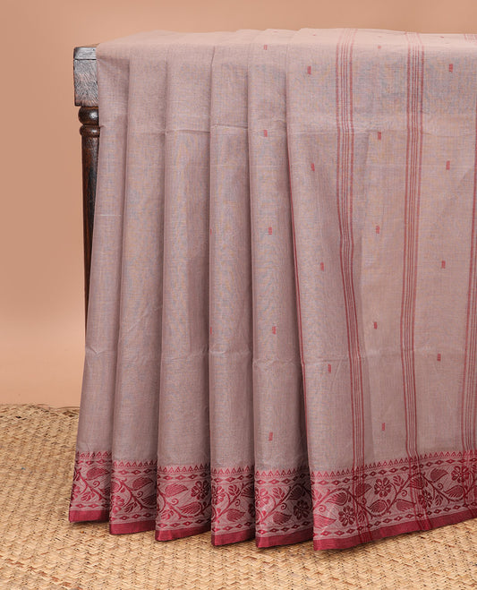 Grey buttas Bengal cotton saree, contrast temple floral creeper border, and striped pallu