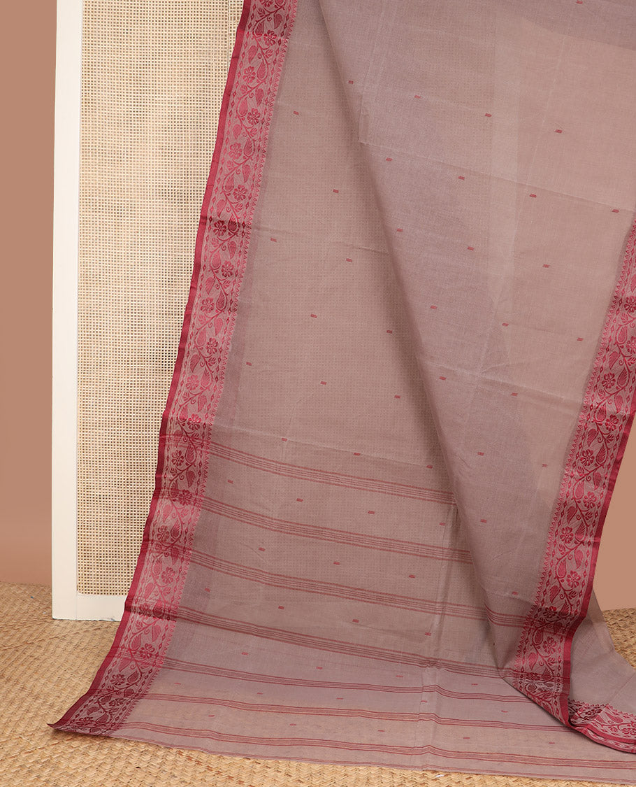 Grey buttas Bengal cotton saree, contrast temple floral creeper border, and striped pallu