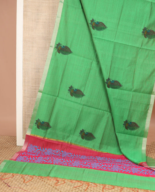 Green peacock buttas printed chirala cotton saree, bavanji border, and contrast floral motifs pallu