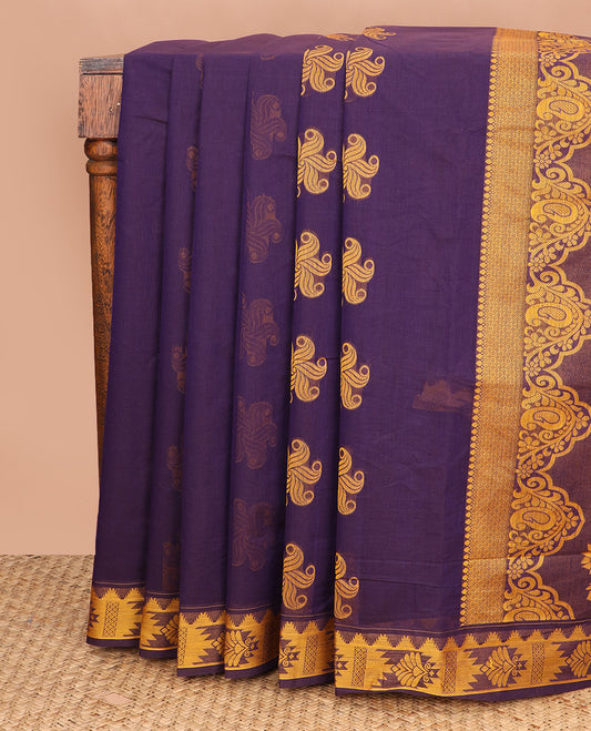 Violet floral buttas Coimbatore Cotton saree, traditional border, and pallu of floral designs