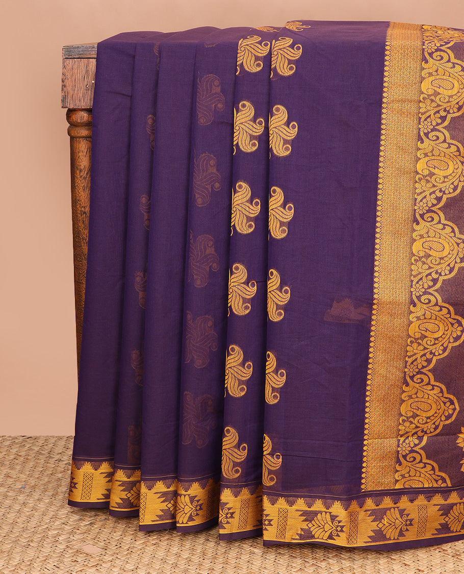Violet floral buttas Coimbatore Cotton saree, traditional border, and pallu of floral designs