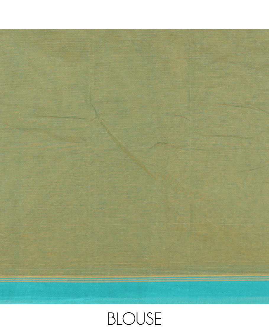 Green peacock buttas kanchi cotton saree, contrast plain border, and floral potted pallu